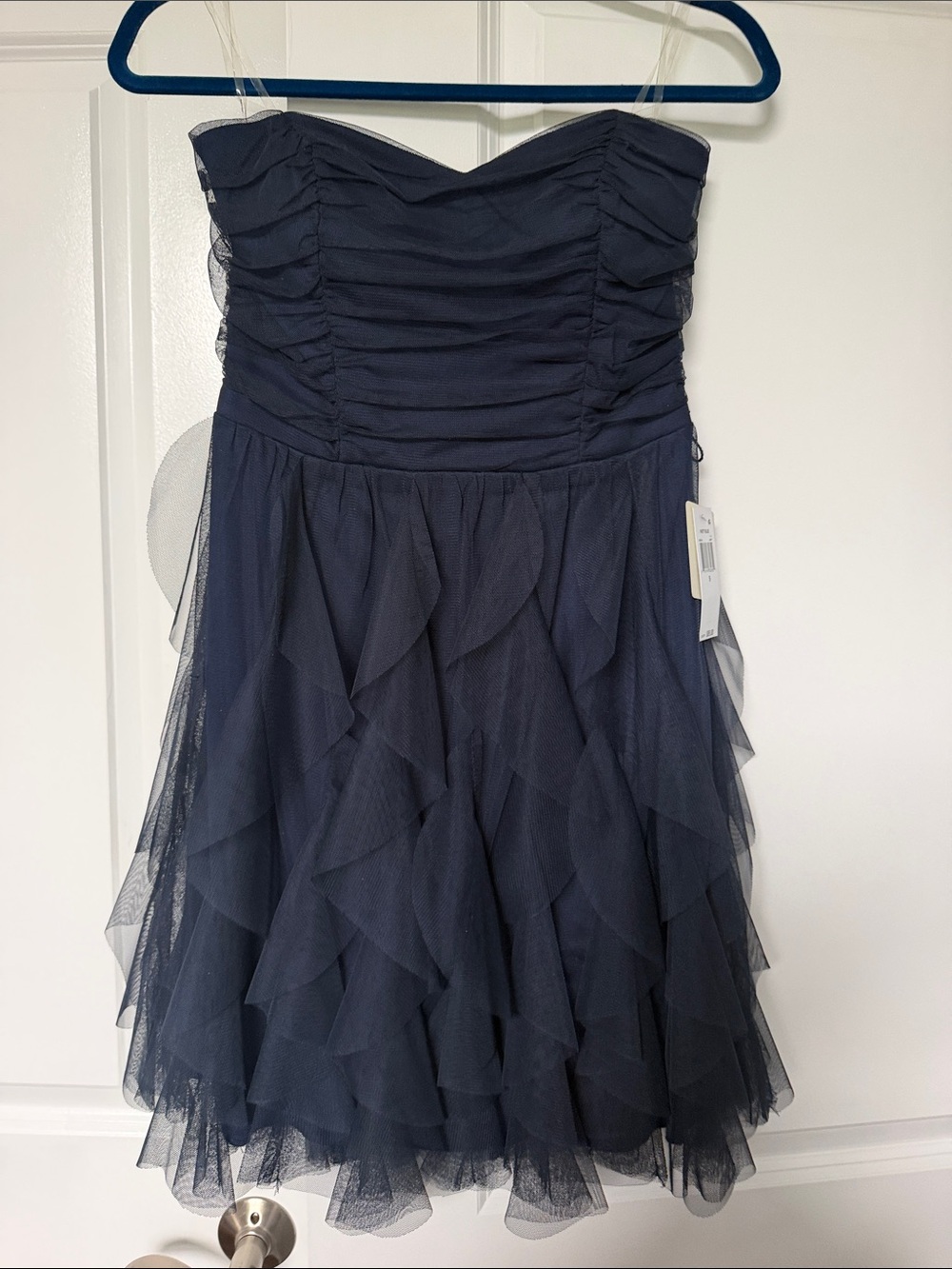Navy Strapless Ruffled Tulle Cocktail Dress